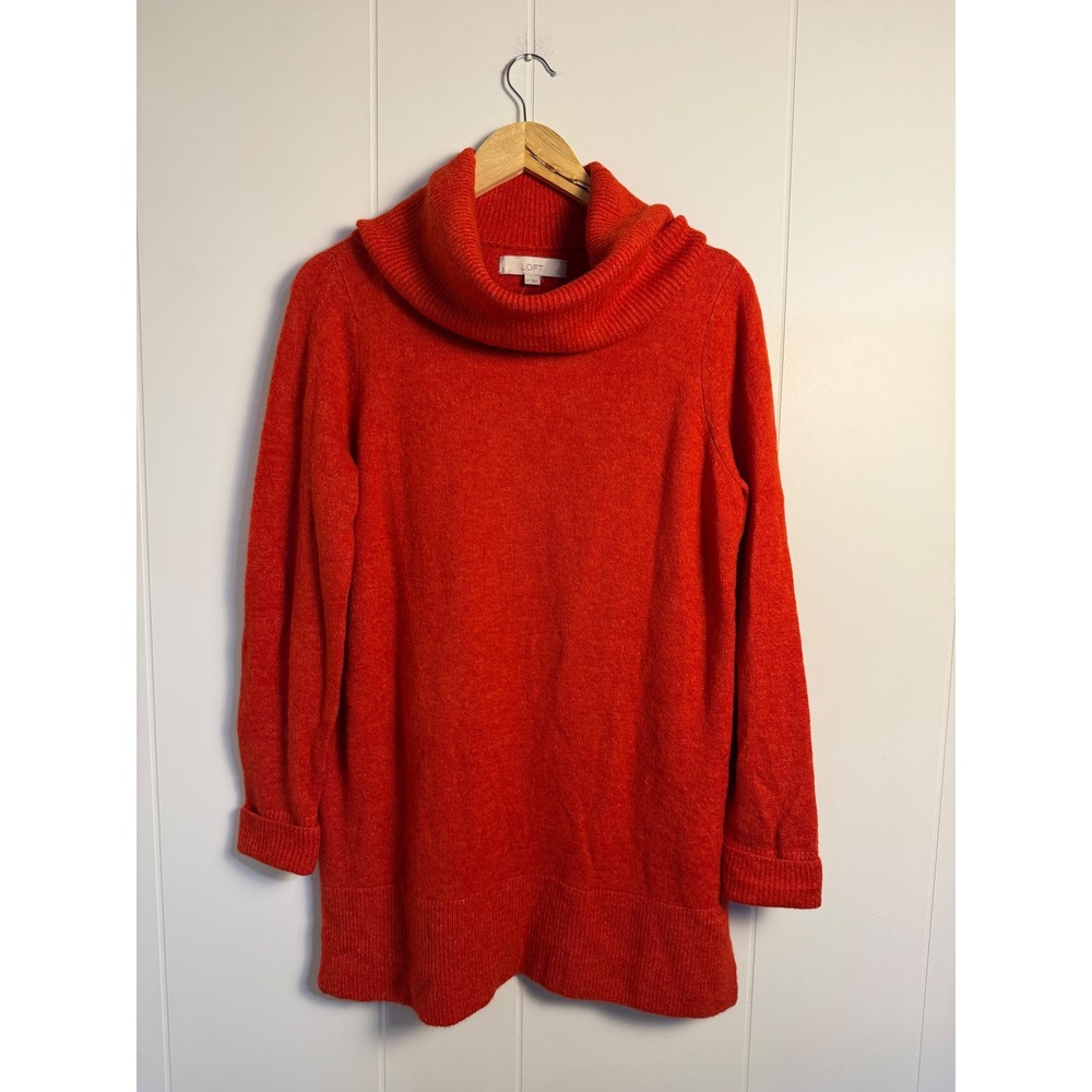 Fall LOFT Tunic Sweater Medium Red-Orange Cowl Neck Long Sleeve Split Hem